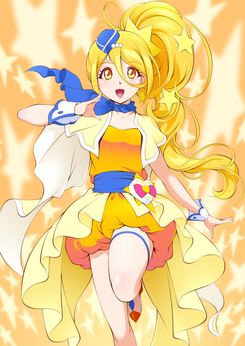 1girl :d bare_legs blonde_hair blue_hat blue_scarf capelet cowboy_shot cure_etoile dress earrings garrison_cap hair_ornament hat highres hugtto!_precure jewelry kagayaki_homare long_hair looking_at_viewer magical_girl mattsua open_mouth orange_background orange_dress orange_eyes orange_footwear precure scarf shoes short_dress side_ponytail smile solo standing standing_on_one_leg star star_earrings star_hair_ornament starry_background wrist_cuffs
