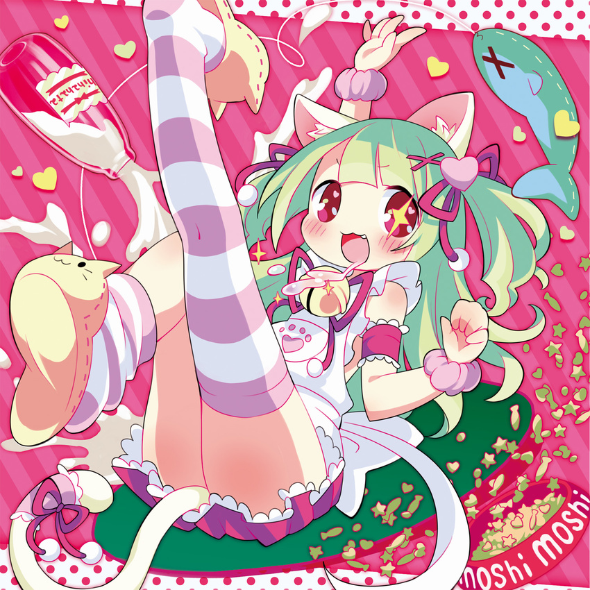 :3 :d animal_ears bangs bell blunt_bangs bottle bowl cat_ears cat_tail fish fishing_line frilled_skirt frills hair_ornament hairclip heart highres long_hair maako_(yuuyake.) milk milk_bottle open_mouth original pet_bowl pink_background polka_dot polka_dot_background ribbon saliva skirt slippers smile solo sparkling_eyes striped striped_background striped_legwear sweatband tail thighhighs x_x