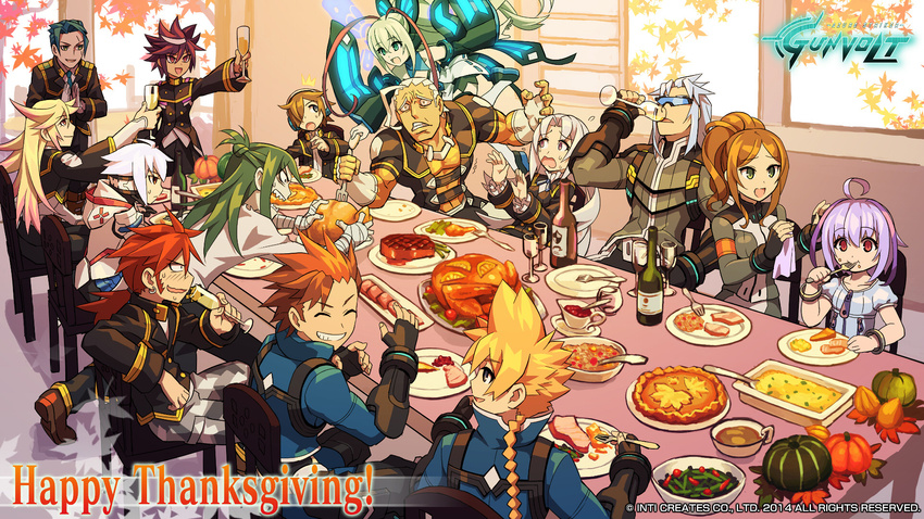 6+boys acura_(gunvolt) alcohol asimov_(gunvolt) azure_striker_gunvolt black_hair blonde_hair brown_hair carrera_(gunvolt) daytona_(gunvolt) elise_(gunvolt) food gino_(gunvolt) gunvolt hair_over_one_eye hatakeyama_yoshitaka highres jota_(gunvolt) joule_(gunvolt) lumen_(gunvolt) merak_(gunvolt) monica_(gunvolt) multicolored_hair multiple_boys multiple_girls official_art pantera_(gunvolt) purple_hair shiden_(gunvolt) silver_hair stratos_(gunvolt) sunglasses thanksgiving turkey_(food) two-tone_hair white_hair