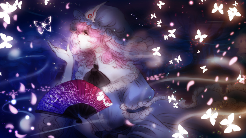 arm_garter black_bow blue_hat bow bowtie bug butterfly commentary_request dark fan folding_fan frills from_side glowing half-closed_eyes hat insect kinako_(nurupoga) mob_cap pale_skin petals pink_eyes pink_hair profile purple saigyou_ayakashi saigyouji_yuyuko saigyouji_yuyuko's_fan_design short_hair solo touhou triangular_headpiece veil