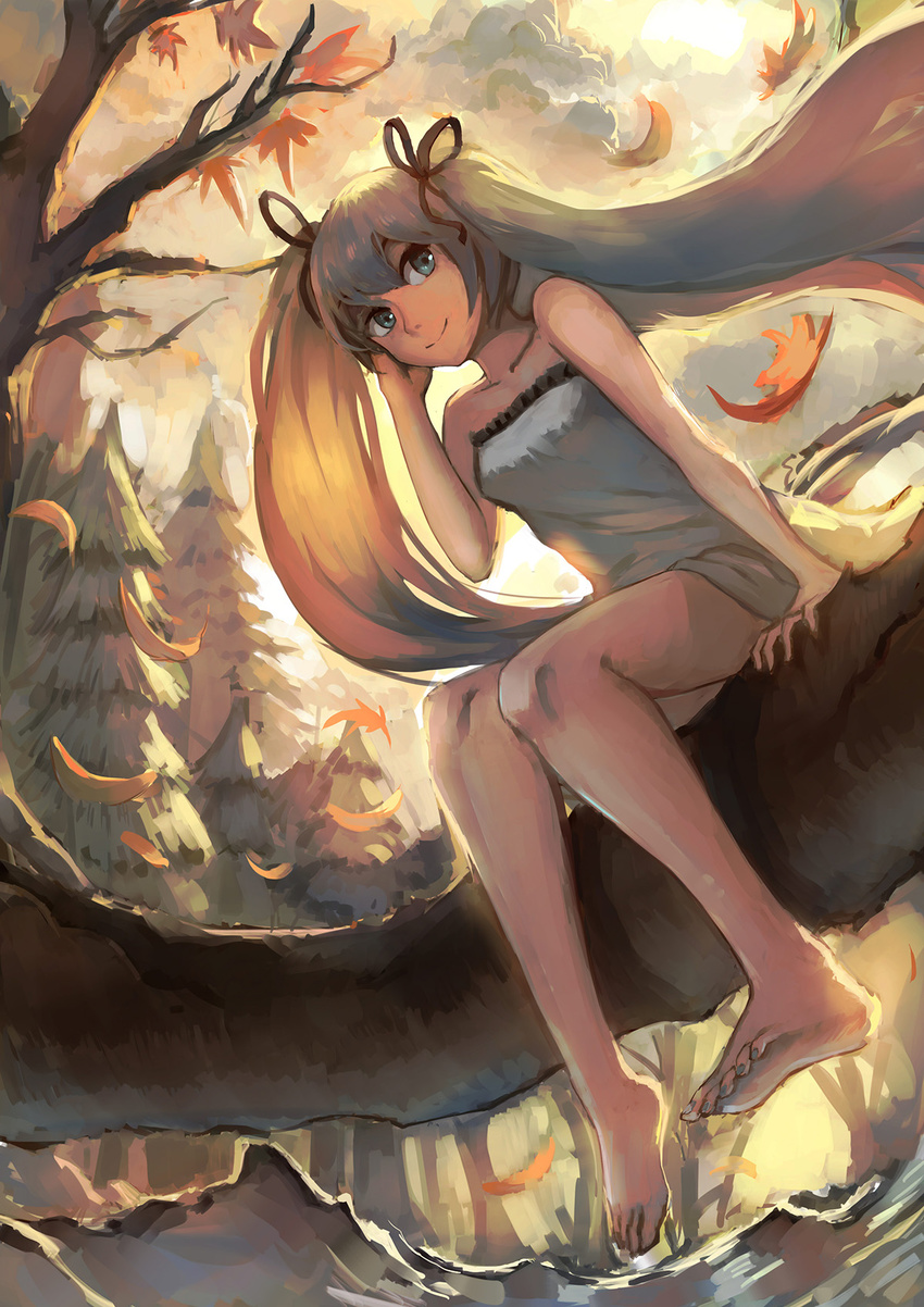 aqua_eyes aqua_hair backlighting bare_shoulders barefoot branch breasts cloud cloudy_sky collarbone dress feet forest full_body hair_ribbon hand_on_own_cheek hatsune_miku highres in_tree knees_together_feet_apart leaf long_hair looking_at_viewer nature outdoors ribbon sishenfan sitting sitting_in_tree sky small_breasts smile solo strapless strapless_dress sun toenail_polish tree twintails very_long_hair vocaloid yellow_sky