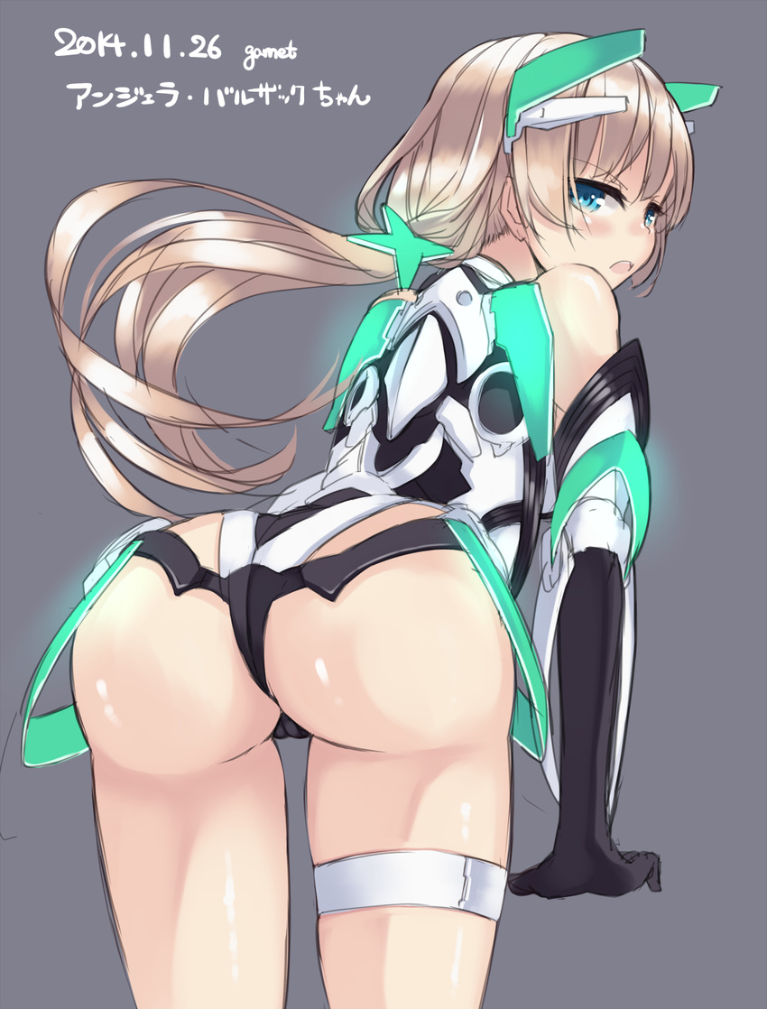 angela_balzac artist_name ass bare_shoulders blonde_hair blue_eyes blush bodysuit cameltoe character_name cowboy_shot dated deva_battle_suit elbow_gloves from_behind garnet gloves grey_background headgear highres leotard long_hair looking_at_viewer looking_back low_twintails rakuen_tsuihou sketch solo thigh_strap translated twintails very_long_hair