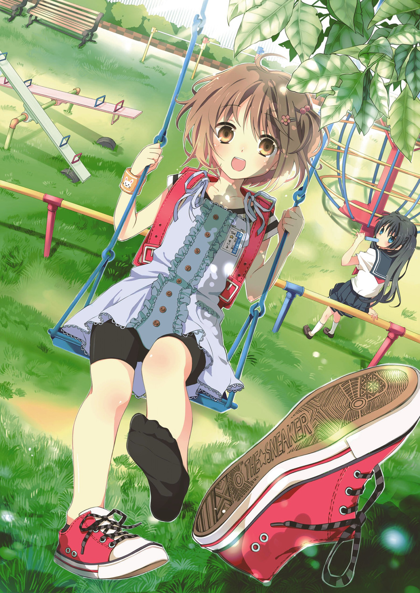 :d absurdres ahoge backpack bag bench bike_shorts black_legwear black_skirt blouse blue_eyes brown_eyes brown_hair day dress eating feet food frilled_dress frills hair_bobbles hair_ornament hairclip hanabana_tsubomi highres horizontal_bar legs long_hair looking_at_viewer looking_back multiple_girls open_mouth original outdoors park playground playground_carousel pleated_skirt popsicle randoseru sailor_collar school_uniform seesaw serafuku shoe_removed shoes short_hair short_sleeves single_shoe sitting skirt sleeveless sleeveless_dress smile sneakers socks standing swing tree_shade twintails white_blouse white_dress white_legwear wrist_cuffs