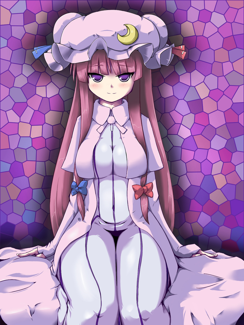 blush breasts coo curvy hat highres large_breasts long_hair moon mosaic_background naughty_face patchouli_knowledge purple_background purple_eyes purple_hair smile solo touhou