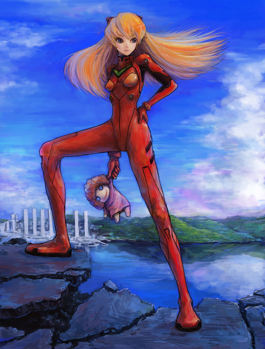 absurdres bangs blue_eyes bodysuit bracer breasts building cityscape cloud day doll floating_hair full_body gloves hair_ornament hand_on_hip highres hill holding igau knee_up legs_apart long_hair long_legs looking_to_the_side neon_genesis_evangelion number orange_hair outdoors pilot_suit plugsuit rock skinny sky skyscraper small_breasts smile solo souryuu_asuka_langley standing turtleneck water