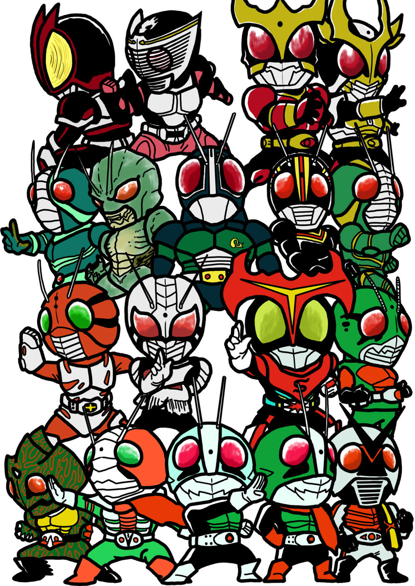 antennae chibi everyone highres kamen_rider kamen_rider_1 kamen_rider_2 kamen_rider_555 kamen_rider_agito kamen_rider_agito_(series) kamen_rider_amazon kamen_rider_amazon_(series) kamen_rider_black kamen_rider_black_(series) kamen_rider_black_rx kamen_rider_black_rx_(series) kamen_rider_faiz kamen_rider_j kamen_rider_kuuga kamen_rider_kuuga_(series) kamen_rider_ryuki kamen_rider_ryuki_(series) kamen_rider_shin kamen_rider_stronger kamen_rider_stronger_(series) kamen_rider_super-1 kamen_rider_super-1_(series) kamen_rider_v3 kamen_rider_v3_(series) kamen_rider_x kamen_rider_x_(series) kamen_rider_zo kamen_rider_zx multiple_boys new_kamen_rider pose shin_kamen_rider_prologue shouji_nigou skyrider