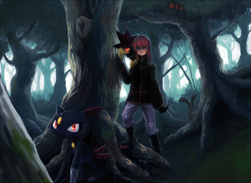 boots forest gen_2_pokemon gloves glowing glowing_eyes hoothoot murkrow nature pokemon pokemon_(creature) pokemon_(game) pokemon_gsc red_hair sentret silver_(pokemon) silver_eyes sneasel tetsuko_(tetsuko009) tree