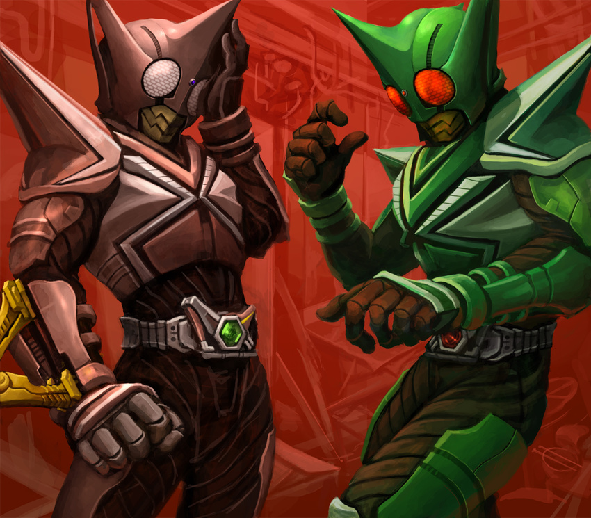 belt black_bodysuit bodysuit buckle cowboy_shot green_bodysuit kamen_rider kamen_rider_kabuto_(series) kamen_rider_kick_hopper kamen_rider_punch_hopper karee multiple_boys red_background simple_background