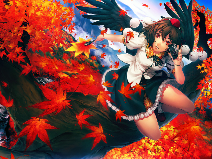 bad_id bad_pixiv_id black_wings brown_hair camera day duplicate hauchiwa leaf looking_at_viewer red_eyes shameimaru_aya simosi sky smile solo touhou tree wallpaper wings