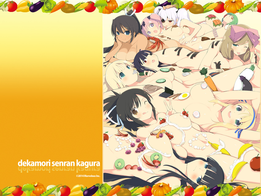 asuka_(senran_kagura) black_hair blonde_hair brown_hair copyright_name dekamori_senran_kagura eyepatch food food_on_body fruit green_hair haruka_(senran_kagura) hibari_(senran_kagura) highres hikage_(senran_kagura) homura_(senran_kagura) ikaruga_(senran_kagura) katsuragi_(senran_kagura) mirai_(senran_kagura) multiple_girls nyotaimori official_art pink_hair senran_kagura tan wallpaper whipped_cream yaegashi_nan yagyuu_(senran_kagura) yomi_(senran_kagura)