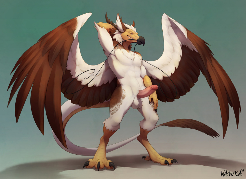 2018 abs anthro avery_(ozawk) avian balls beak bird brown_feathers claws digital_media_(artwork) dragon eastern_dragon egyptian_vulture erection feathered_wings feathers hi_res humanoid_penis hybrid looking_at_viewer male muscular muscular_male nawka nude pecs penis pose precum presenting signature simple_background smile solo standing tail_tuft talons tuft vulture white_balls white_feathers wings