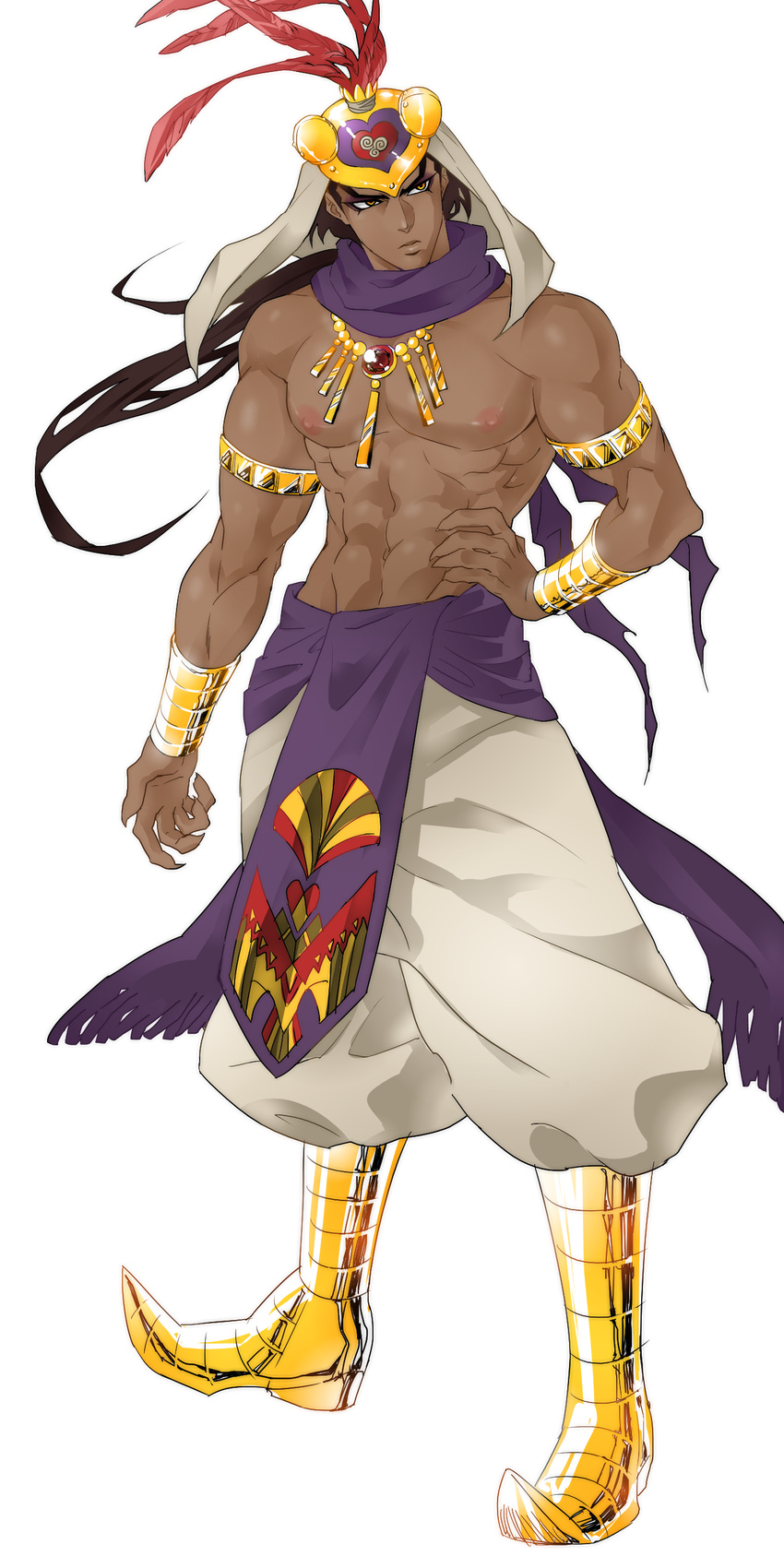 absurdres armband brown_hair claws dark_skin dark_skinned_male hat helmet highres jewelry jojo_no_kimyou_na_bouken male_focus necklace pants personification pet_shop pointy_shoes scarf shirtless shoes solo tit_horse yellow_eyes