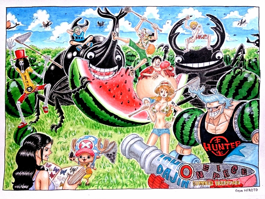 2girls 6+boys beetle black_hair blonde_hair blue_hair brook cyborg eating food franky fruit green_hair hat hiroto long_hair monkey_d_luffy multiple_boys multiple_girls nami nami_(one_piece) net nico_robin one-eyed one_piece orange_hair roronoa_zoro rubber saniji scar skeleton sleeping sunglasses tattoo tony_tony_chopper usopp watermelon what