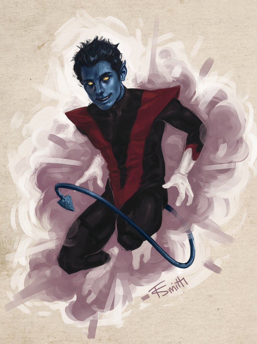 1boy blue_hair blue_skin felicia_smith gloves highres jumping male male_focus marvel nightcrawler pointy_ears signature smile smoke solid_eyes solo tail teeth x-men yellow_eyes