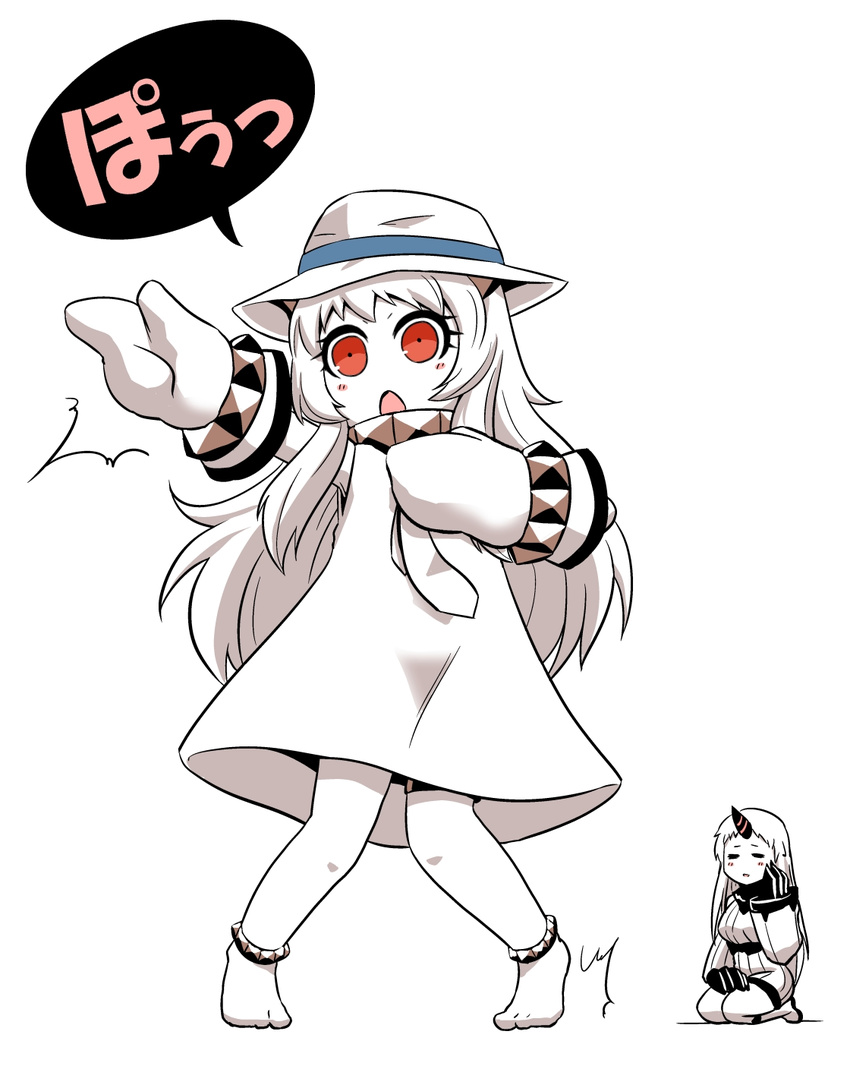 :o =_= barefoot blush claws cosplay dancing dress hand_on_own_cheek hand_on_own_chest hat highres horn kanno_takanori kantai_collection long_hair long_sleeves michael_jackson michael_jackson_(cosplay) mittens multiple_girls necktie northern_ocean_hime parody red_eyes seaport_hime seiza shinkaisei-kan sitting sleeveless sleeveless_dress smooth_criminal translated white_background white_hair white_skin