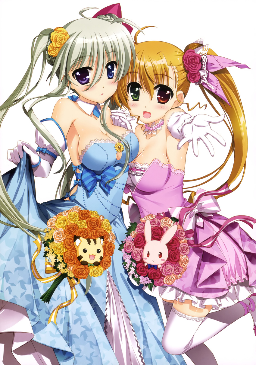 :d absurdres asteion blonde_hair blue_eyes blush breasts cleavage dress einhart_stratos elbow_gloves flower fujima_takuya gloves green_eyes green_hair hair_flower hair_ornament heterochromia highres lyrical_nanoha mahou_shoujo_lyrical_nanoha_vivid medium_breasts moire multiple_girls official_art older open_mouth purple_eyes red_eyes sacred_heart scan side_ponytail smile thighhighs vivio white_legwear