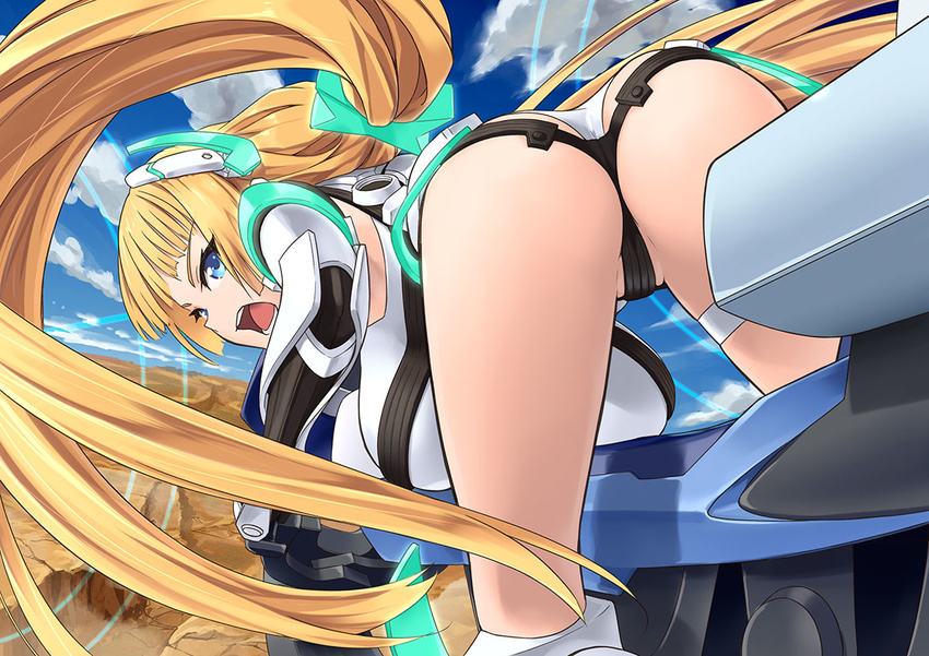 angela_balzac ass bare_shoulders blonde_hair blue_eyes blush bodysuit breasts cloud day deva_battle_suit elbow_gloves errant from_behind gloves headgear large_breasts leaning_forward leotard long_hair looking_at_viewer looking_back low_twintails open_mouth rakuen_tsuihou solo thigh_strap twintails very_long_hair
