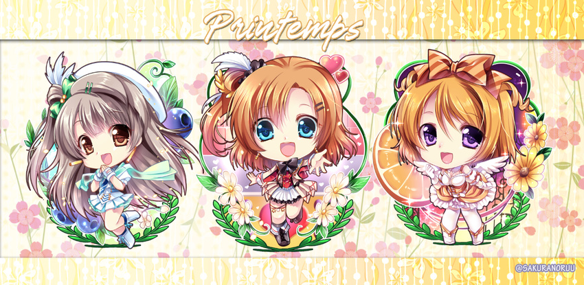 :d blue_eyes brown_eyes brown_hair chibi dancing_stars_on_me! group_name hair_ornament hairclip hat idol koizumi_hanayo kousaka_honoka long_hair looking_at_viewer love_live! love_live!_school_idol_project minami_kotori multiple_girls open_mouth pleated_skirt printemps_(love_live!) purple_eyes sakurano_tsuyu short_hair silver_hair skirt smile sore_wa_bokutachi_no_kiseki wonderful_rush