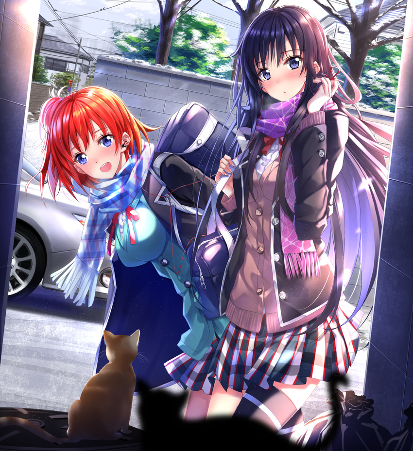 alley bag bangs beats_by_dr._dre black_hair black_legwear blue_eyes breasts cat earphones highres leaning_forward long_hair long_sleeves looking_at_viewer medium_breasts multiple_girls orange_hair school_bag school_uniform shared_earphones short_hair skirt small_breasts sweater swordsouls thighhighs yahari_ore_no_seishun_lovecome_wa_machigatteiru. yuigahama_yui yukinoshita_yukino