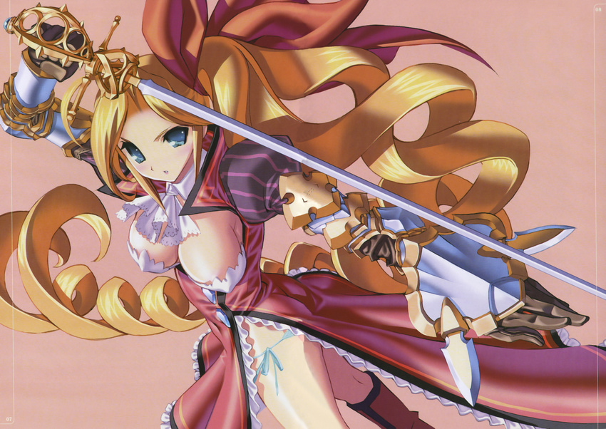 absurdres ahoge arm_up armor blonde_hair blue_eyes blue_panties boots breasts brown_background char_rhousemann cleavage collar covered_nipples cowboy_shot dress drill_hair dutch_angle frills gloves hair_ribbon highres holding holding_sword holding_weapon itou_ben large_breasts long_hair long_sword looking_at_viewer no_bra panties ponytail popped_collar puffy_sleeves rapier ribbon scan shuraki side-tie_panties side_slit simple_background solo standing sword underwear vambraces very_long_hair weapon