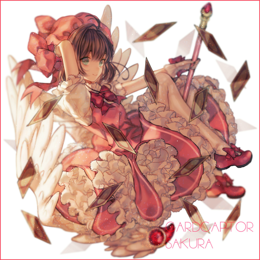 ahoge blue_eyes brown_hair card cardcaptor_sakura clow_card copyright_name frills full_body fuuin_no_tsue hat highres holding kinomoto_sakura looking_at_viewer magical_girl pink_hat short_hair smile solo wand wings yasiromann