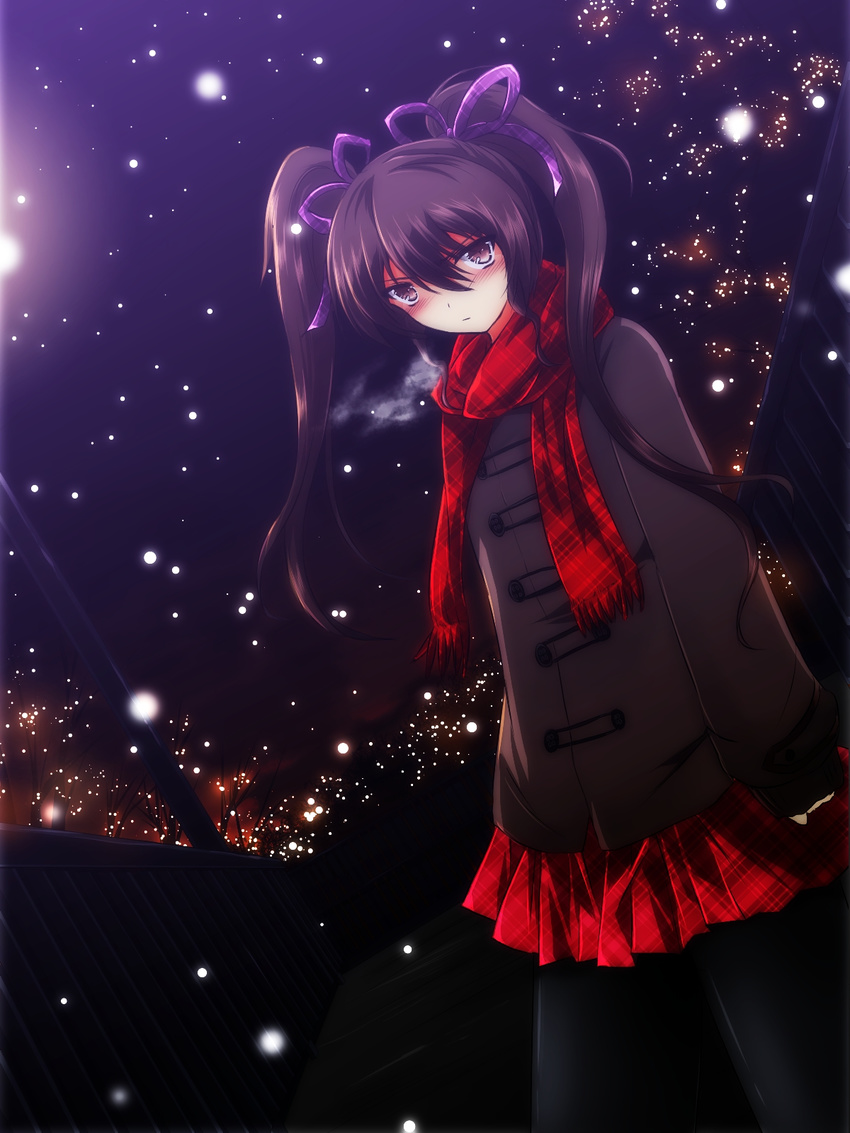 blush brown_eyes brown_hair contemporary dutch_angle hair_ribbon hat highres himekaidou_hatate long_hair nekominase night pantyhose ribbon scarf skirt solo star_(sky) tokin_hat touhou twintails veranda winter_clothes