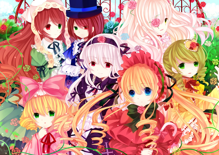 :d blonde_hair blue_eyes bow brown_hair drill_hair flower gothic_lolita green_eyes green_hair hair_bow hair_ornament hair_ribbon hairband hat heterochromia highres hina_ichigo kanaria kirakishou lolita_fashion lolita_hairband long_hair looking_at_viewer moseley multiple_girls open_mouth pink_bow red_eyes ribbon rose rozen_maiden shinku short_hair silver_hair smile souseiseki suigintou suiseiseki top_hat twin_drills twintails