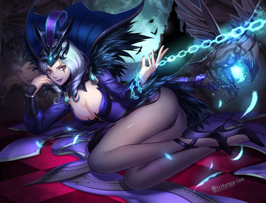 bird blue_hair breasts chain citemer cleavage emilia_leblanc highres large_breasts league_of_legends lips long_legs pantyhose purple_eyes short_hair smile solo tiara