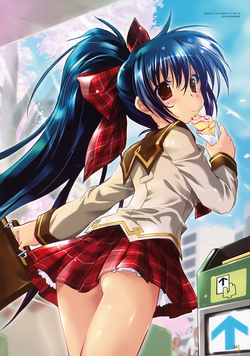 2010 absurdres ass bag blazer blue_hair blush bow copyright_request crepe food highres jacket komatsu_eiji long_hair long_sleeves looking_back no_panties non-web_source plaid plaid_bow plaid_skirt ponytail red_eyes school_uniform skirt solo