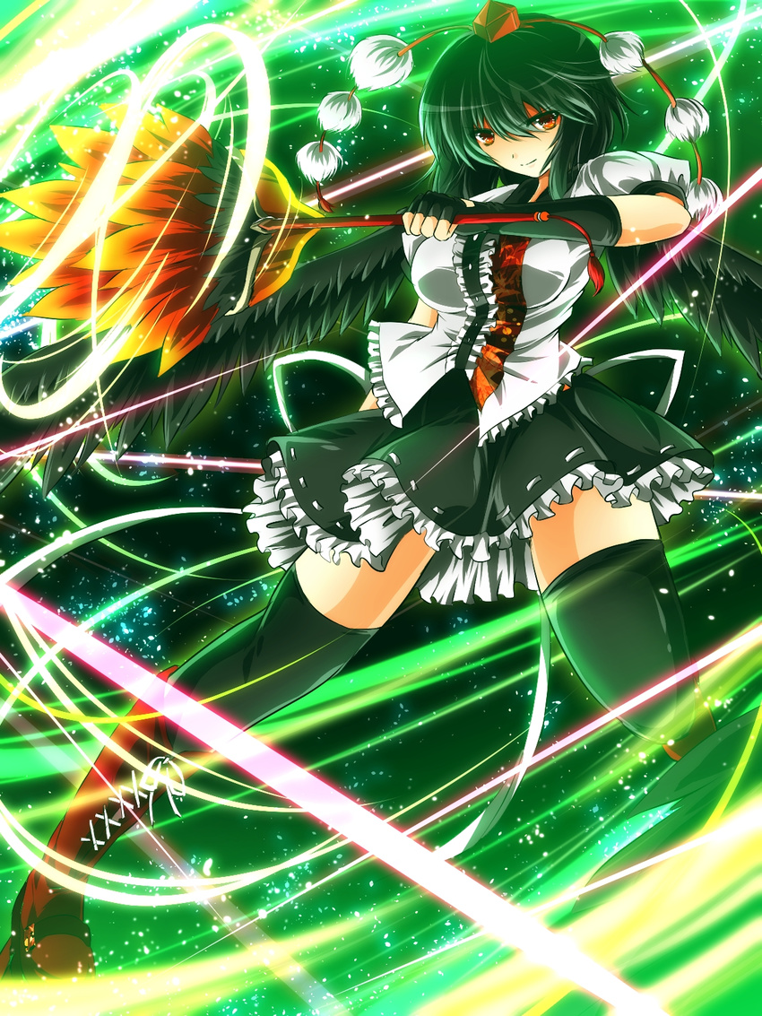 black_hair black_legwear boots cross-laced_footwear elbow_gloves fan fighting_stance fingerless_gloves floating full_body gloves glowing_lines hat highres lace-up_boots light_particles magic nekominase red_eyes shameimaru_aya short_hair skirt smile solo thighhighs thighhighs_under_boots tokin_hat touhou wings zettai_ryouiki