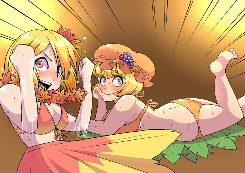 aki_minoriko aki_shizuha alternate_costume ass bikini blonde_hair blush breasts clenched_hands food fruit grapes hair_ornament hat large_breasts leaf leaf_hair_ornament multiple_girls open_mouth parody red_eyes short_hair siblings sisters skirt smile sweat swimsuit the_lion_king touhou verta_(verlaine) yellow_eyes