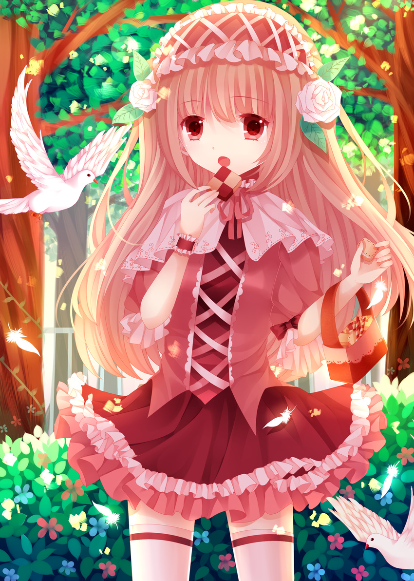 absurdres bad_id bad_pixiv_id bag basket bird brown_eyes brown_hair checkerboard_cookie cookie dove dress eating fang feathers flower food frilled_dress frills hair_ornament hairband handbag highres holding lolita_hairband long_hair looking_at_viewer moseley open_mouth original outdoors rose solo thighhighs tree two_side_up wafer_stick white_legwear zettai_ryouiki