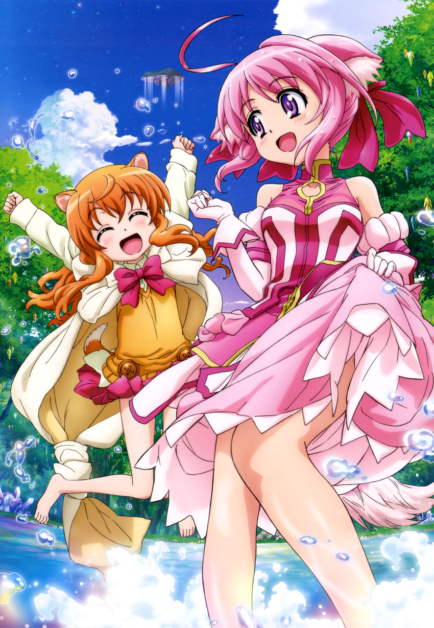 :d ^_^ absurdres animal_ears arms_up barefoot brown_hair cape closed_eyes cloud day dog_days dog_girl dress elbow_gloves gloves highres legs long_hair millhiore_f_biscotti multiple_girls non-web_source nyantype official_art open_mouth pink_hair purple_eyes ricotta_elmar short_hair skirt_hold sky smile water