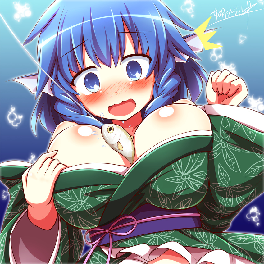 1girl animal animal_between_breasts bad_id bad_pixiv_id banned_artist between_breasts blue_background blue_eyes blue_hair blush breasts cleavage fish head_fins highres japanese_clothes kisaragi_zwei large_breasts open_mouth short_hair solo touhou wakasagihime