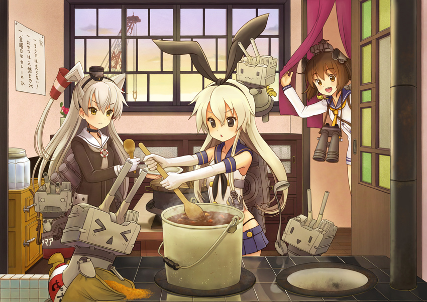 &gt;_&lt; :d :o amatsukaze_(kantai_collection) bangs bare_shoulders binoculars black_bow blonde_hair blue_skirt bow brown_eyes brown_hair closed_eyes cooking crop_top curry dress eijima_moko elbow_gloves food gloves hair_bow hair_ornament hair_tubes hairband headgear highleg kantai_collection kitchen ladle long_hair microskirt multiple_girls neckerchief open_mouth pleated_skirt pot rensouhou-chan rensouhou-kun sailor_collar sailor_dress shimakaze_(kantai_collection) short_hair silver_hair skirt smile triangle_mouth two_side_up v-shaped_eyebrows white_gloves yukikaze_(kantai_collection)