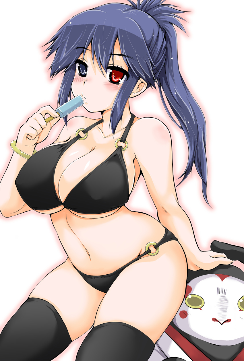 bikini black_hair character_request food heterochromia highres long_hair lord_of_vermilion lord_of_vermilion_iii ponytail popsicle shibahara_gocho swimsuit