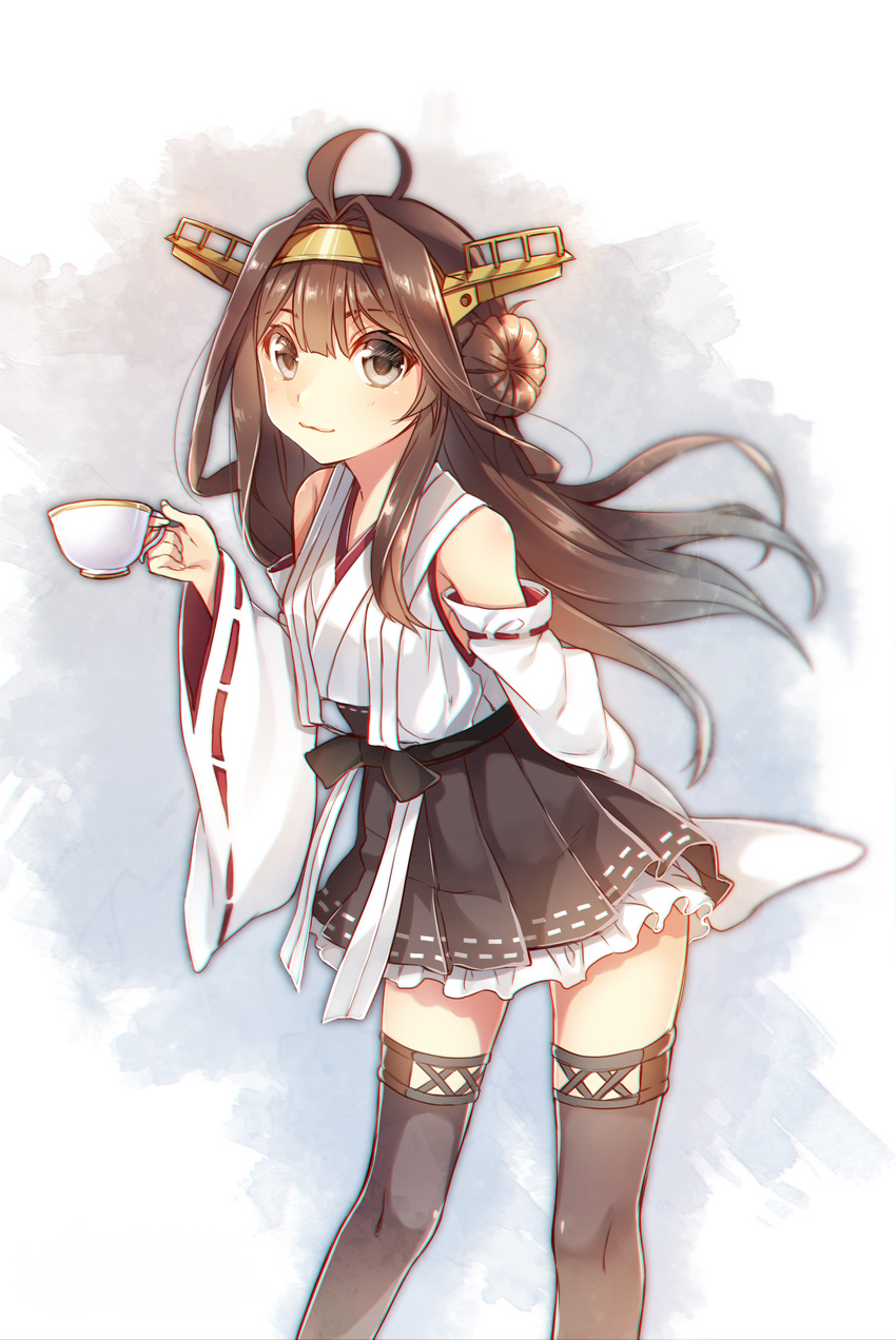 :3 absurdres ahoge akayan arm_behind_back bad_id bad_pixiv_id bare_shoulders black_skirt brown_eyes brown_hair chromatic_aberration cowboy_shot cup detached_sleeves double_bun frilled_skirt frills hairband headgear highres japanese_clothes kantai_collection kongou_(kantai_collection) lace lace-trimmed_thighhighs looking_at_viewer nontraditional_miko pleated_skirt ribbon-trimmed_sleeves ribbon_trim simple_background skirt solo teacup thighhighs white_background zettai_ryouiki