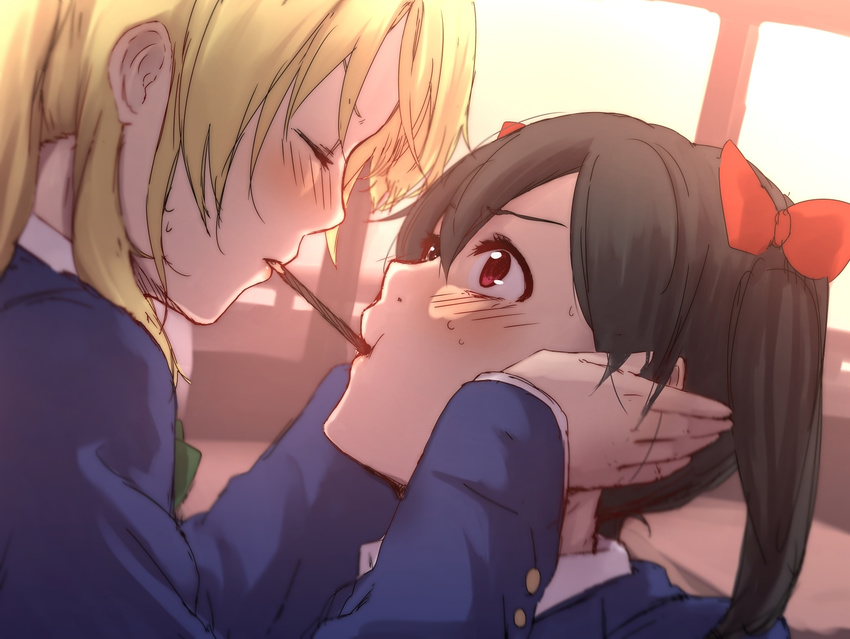 ayase_eli black_hair blazer blonde_hair bow face_hold food hair_bow height_difference highres jacket long_hair looking_at_another love_live! love_live!_school_idol_project multiple_girls otonokizaka_school_uniform pocky pocky_day pocky_kiss ponytail red_eyes school_uniform shared_food terimayo twintails yazawa_nico