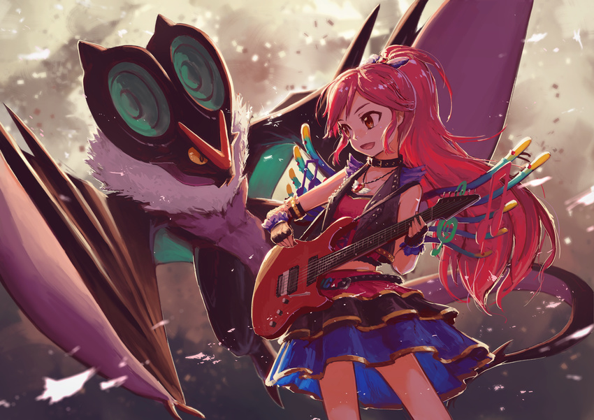 :d aikatsu! aikatsu!_(series) black_gloves bow brown_eyes collar crossover electric_guitar fingerless_gloves gen_6_pokemon gloves guitar hair_bow instrument jewelry long_hair necklace noivern noske open_mouth otoshiro_seira pokemon pokemon_(creature) ponytail red_hair shirt skirt smile very_long_hair vest