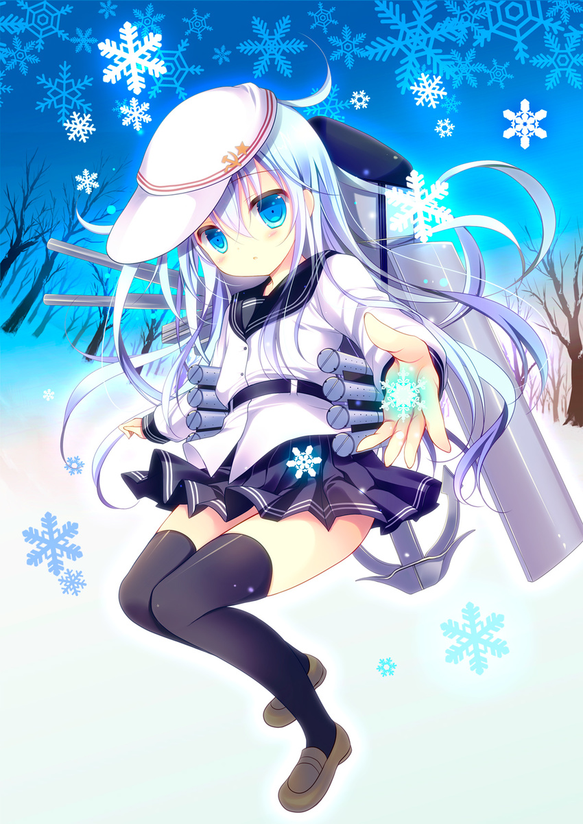 black_legwear blue_eyes blue_hair hat hibiki_(kantai_collection) highres kantai_collection long_hair looking_at_viewer machinery parted_lips pleated_skirt reaching school_uniform serafuku shirogane_hina shoes skirt solo thighhighs tree verniy_(kantai_collection)