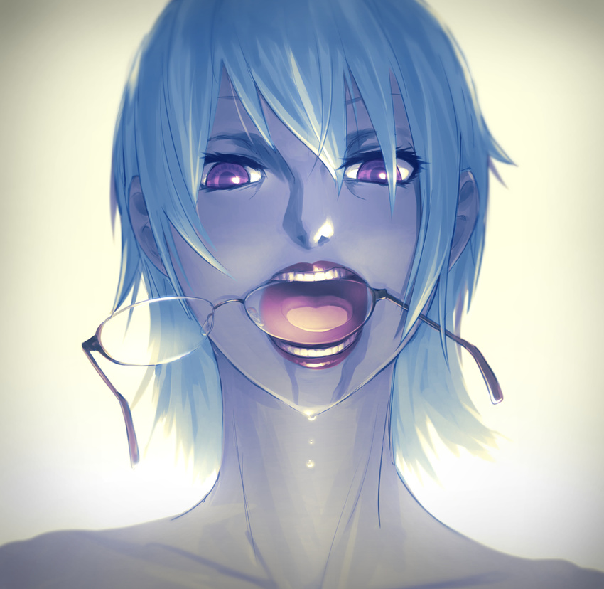 blue_hair dripping drooling eyewear_in_mouth eyewear_removed face glasses looking_at_viewer mouth_hold noname_(metaldragonfly) open_mouth original portrait purple_eyes realistic saliva short_hair solo teeth teeth_hold tongue