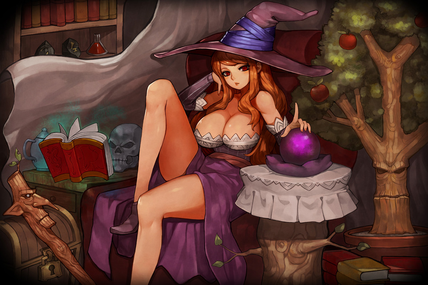 apple bare_shoulders book bookshelf breasts brown_hair cleavage crystal_ball detached_sleeves dragon's_crown dress erlenmeyer_flask food fruit gurimjang hat index_finger_raised large_breasts long_hair looking_at_viewer open_book red_eyes shoes sitting skull solo sorceress_(dragon's_crown) treasure_chest tree witch witch_hat