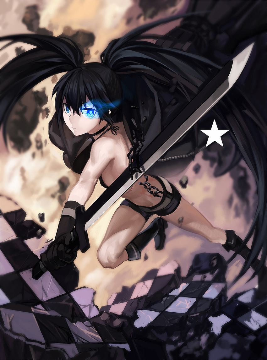 bare_shoulders bikini_top black_gloves black_hair black_rock_shooter black_rock_shooter_(character) blue_eyes boots broken broken_chain burning_eye chain checkered checkered_floor choker floor gloves glowing glowing_eye highres jacket jacket_over_shoulder long_hair looking_at_viewer rff_(3_percent) shorts solo sword twintails uneven_twintails weapon
