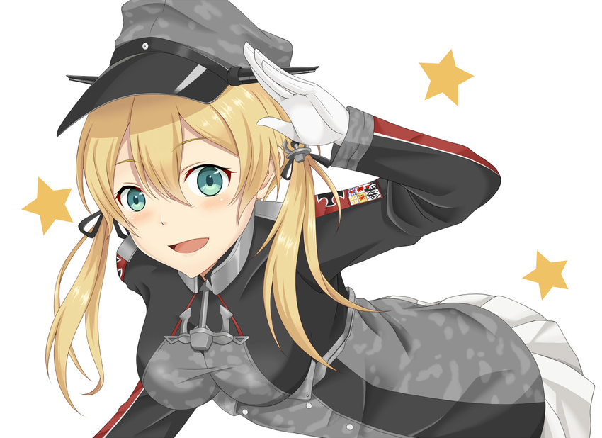 :d anchor anchor_hair_ornament blonde_hair blue_eyes blush camouflage camouflage_hat esuto gloves hair_ornament hand_up hat iron_cross kantai_collection leaning_forward looking_at_viewer military military_hat military_uniform open_mouth peaked_cap pleated_skirt prinz_eugen_(kantai_collection) remodel_(kantai_collection) skirt smile solo star twintails uniform upper_body white_background white_gloves white_skirt