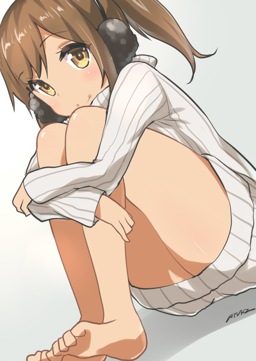 absurdres alternate_costume artist_name bare_legs barefoot blush brown_hair earmuffs highres i-401_(kantai_collection) kantai_collection leg_hug legs looking_at_viewer ponytail ribbed_sweater ryuki_(ryukisukune) short_hair signature smile solo sweater toes