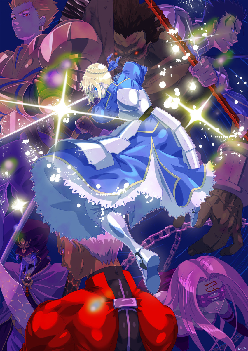 4boys archer artoria_pendragon_(all) assassin_(fate/stay_night) berserker caster chain excalibur fate/stay_night fate_(series) gae_bolg gilgamesh highres lancer multiple_boys multiple_girls ozawa_tomohiro polearm rider saber spear sword weapon