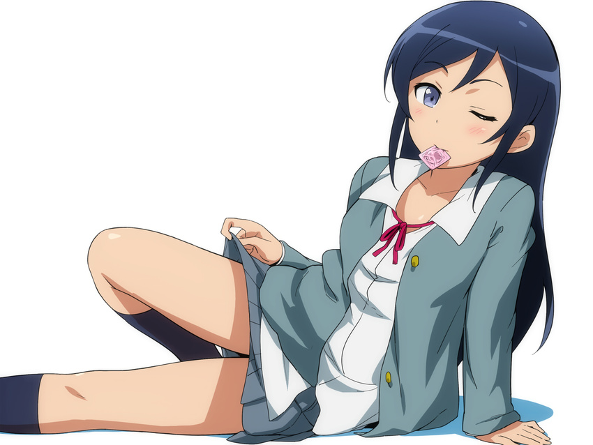 1girl aragaki_ayase blue_eyes blue_hair blush breasts condom condom_in_mouth hairu highres legs long_hair looking_at_viewer lying mouth_hold ore_no_imouto_ga_konna_ni_kawaii_wake_ga_nai school_uniform simple_background skirt small_breasts socks solo thighs white_background wink