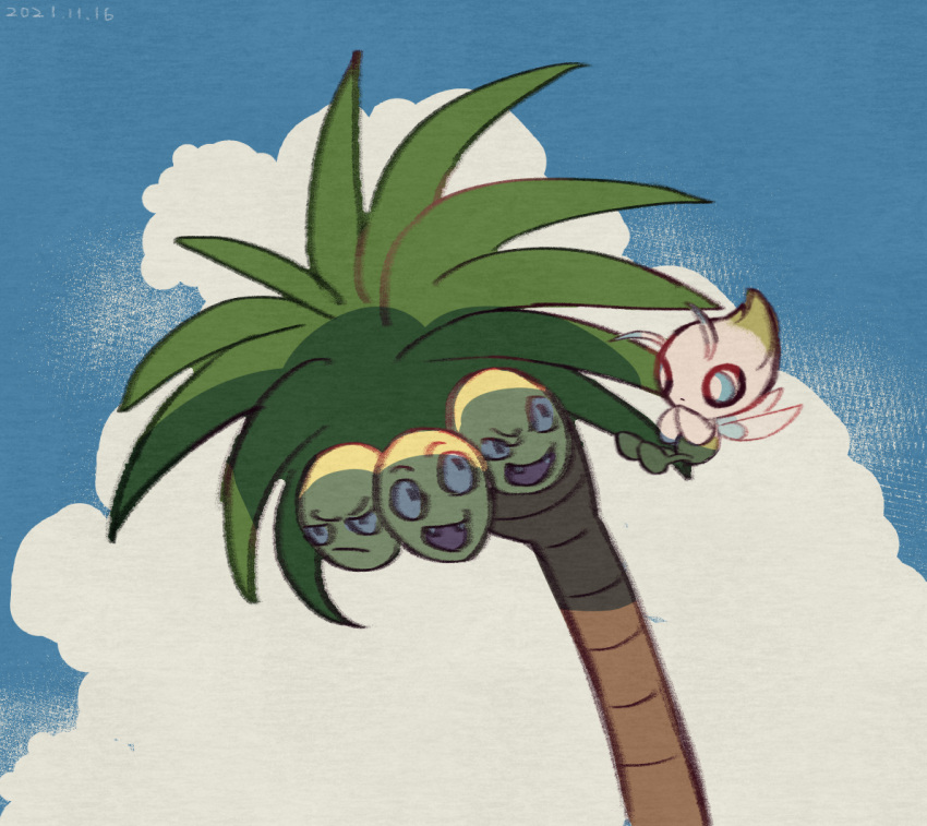 alolan_exeggutor blue_eyes bright_pupils celebi closed_mouth cloud commentary_request dated day flying leels no_humans outdoors pokemon pokemon_(creature) sky white_pupils