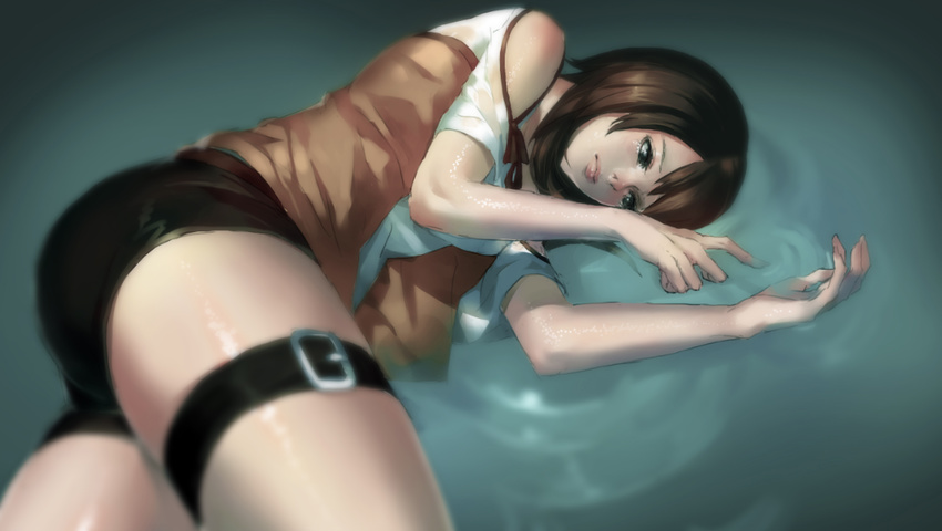 1girl artist_request ass brown_eyes brown_hair fatal_frame fatal_frame_5 female kozukata_yuuri long_hair nintendo solo water