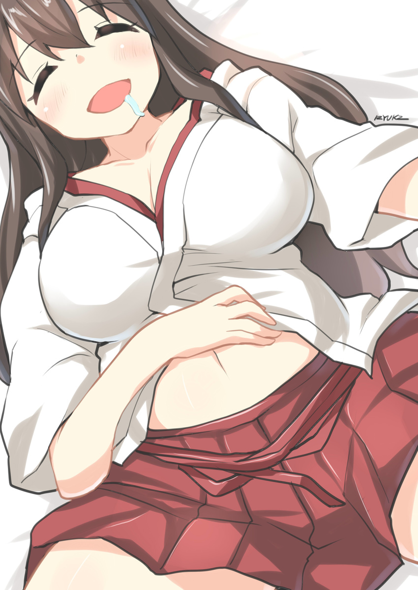 ^_^ absurdres akagi_(kantai_collection) belly_peek blush breasts brown_hair cleavage closed_eyes drooling highres kantai_collection large_breasts long_hair lying navel on_back open_mouth ryuki_(ryukisukune) saliva shirt_lift skirt smile solo